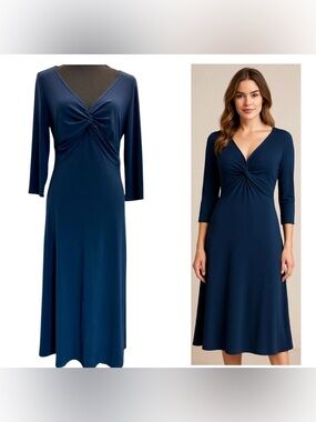 Joseph Ribkoff Navy Blue Twist-Front V-Neck long sleeve fit Flare Midi Dress 10